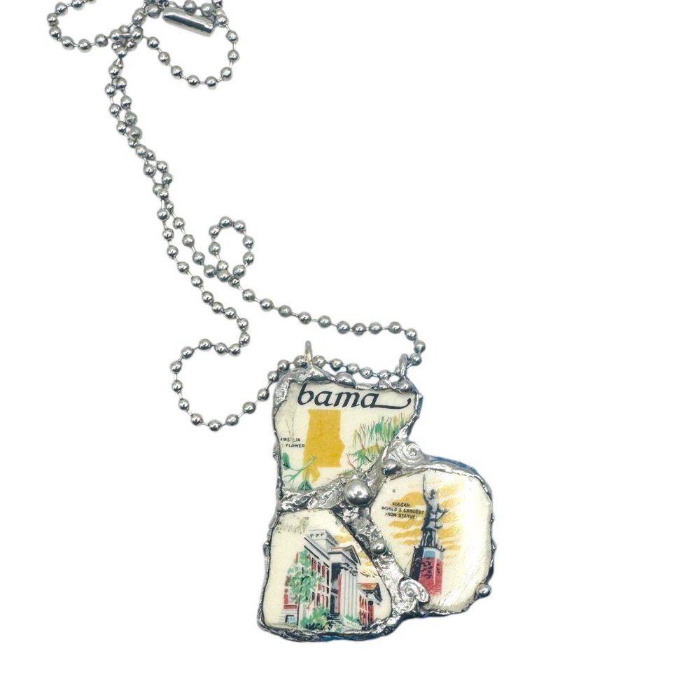 Broken China Pendant Alabama State Commemorative Plate Artisan Metalwork Bezel - Picture 3 of 9